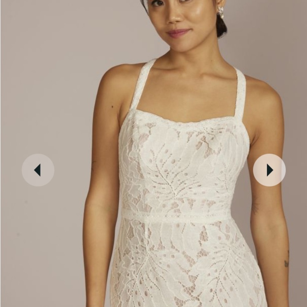 David’s Bridal floral lace halter sheath wedding gown